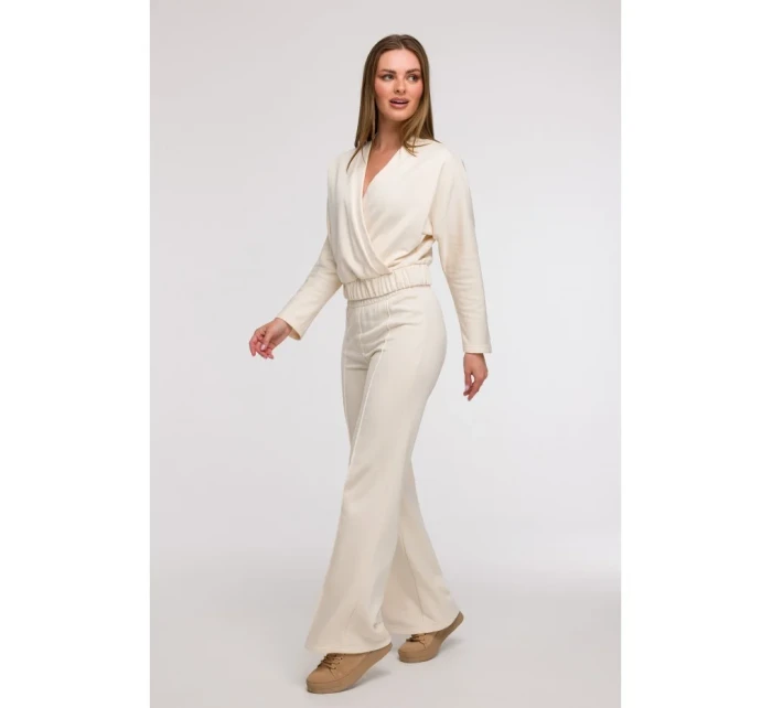 B296 Široké nohavice s prednými švami - vanilka