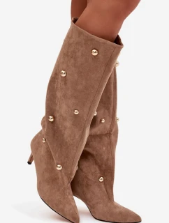 Dámske čižmy Thaliane na podpätku so zlatým zdobením - béžové