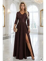 309-14 AMBER elegantné dlhé čipkované šaty s výstrihom - čokoládové