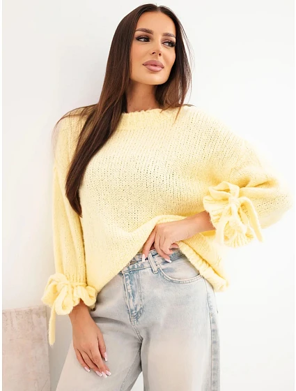 Dámsky oversized sveter s mašľami na rukávoch, žltý Dámsky oversized sveter s mašľami na rukávoch, žltý