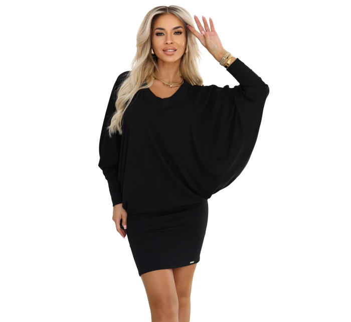 402-10 Pohodlné netopierie šaty s dlhým rukávom - čierne