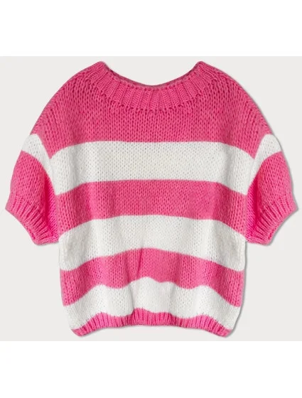 Volný dámský pruhovaný svetr v neonově růžové barvě model 19735951 - MADE IN ITALY Volný dámský pruhovaný svetr v neonově růžové barvě model 19735951 - MADE IN ITALY