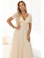 635-9 MELANIA dlhé trblietavé svadobné šaty s výstrihom a krátkymi rukávmi - béžové 635-9 MELANIA dlhé trblietavé svadobné šaty s výstrihom a krátkymi rukávmi - béžové