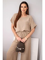 Dámska súprava z viskózy s ozdobným kvetom a širokými nohavicami fango