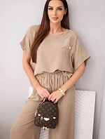 Dámska súprava z viskózy s ozdobným kvetom a širokými nohavicami fango