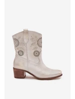 Zamszowe Skórzane Botki Damskie Ażurowe Na Obcasie Zazoo 3844 Złoty Przecierany