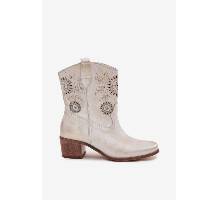 Zamszowe Skórzane Botki Damskie Ażurowe Na Obcasie Zazoo 3844 Złoty Przecierany