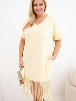 Plus veľkosť Dámske bavlnené V-neck strapce šaty žltá