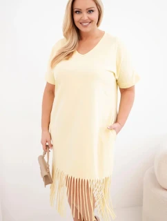Dámské bavlněné šaty s výstřihem do V a třásněmi na spodním model 22036061 žlutá - K-Fashion