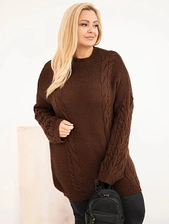 Dámský svetr Plus Size se copánkovým vzorem hnědý