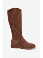 Kozaki Damskie Na Płaskim Obcasie Z Ażurowym Wzorem S.Barski HY52-531 Brązowe