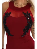 617-2 Dlhé šaty s čiernou čipkou a sieťovinou - bordové