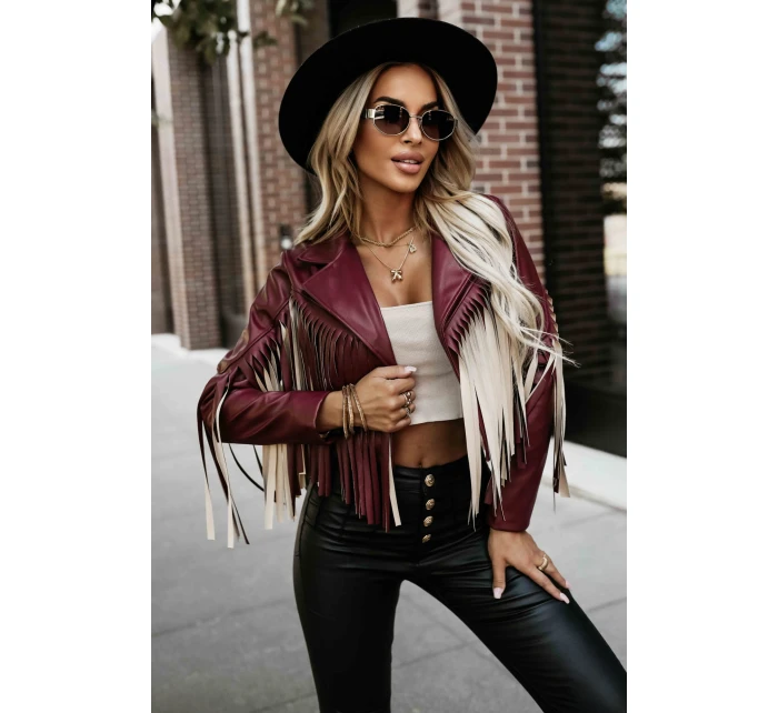 model 21337606 Krátká bunda s třásněmi z měkké ekokůže vínová - numoco basic