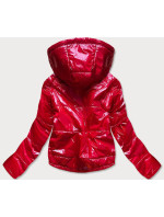 Lesklá červená prešívaná dámska bunda s kapucňou (B9560)