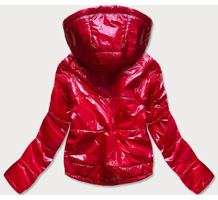 Lesklá červená prešívaná dámska bunda s kapucňou (B9560)