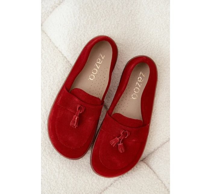Kožené semišové mokasiny typu barefoot Zazoo 322 červené