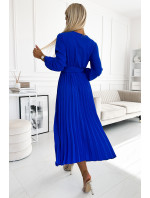 VIVIANA - Plisované dámske midi šaty v nevädzovej farbe s výstrihom, dlhými rukávmi a širokým opaskom 504-1