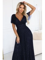 dlouhé lesklé šaty s výstřihem a krátkými rukávy tmavě modré model 21777396 - numoco basic