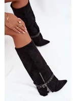 Kozaki Damskie Wsuwane Na Słupku Z Ozdobnym Paskiem Czarne Jolivine Kozaki Damskie Wsuwane Na Słupku Z Ozdobnym Paskiem Czarne Jolivine