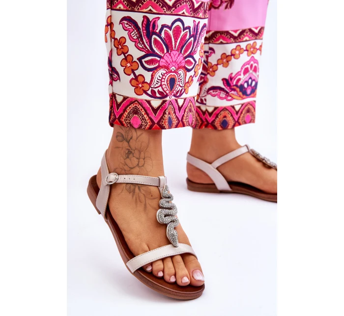 Skórzane Sandały Z Ozdobnym Wężem S.Barski KV-5541-42 Beżowe