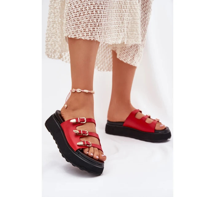 Klapki Damskie Na Platformie Z Paskami Czerwone Nimiotte