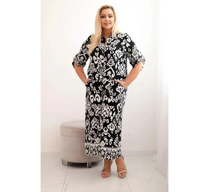 Dámská plus size viskózová souprava s geometrickým potiskem černý Dámská plus size viskózová souprava s geometrickým potiskem černý
