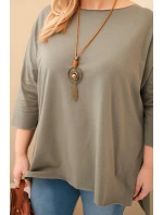 Dámská asymetrická bavlněná blůza Plus Size s náhrdelníkem khaki