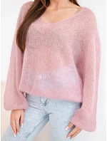 Dámský svetr ze 70 % kid mohéru s výstřihem do V v model 22391354 střihu pudrová růžová - K-Fashion