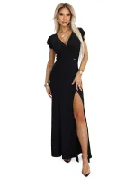 dlouhé černé šaty s obálkovým výstřihem a rozparkem na nohou | model 21196250 - numoco