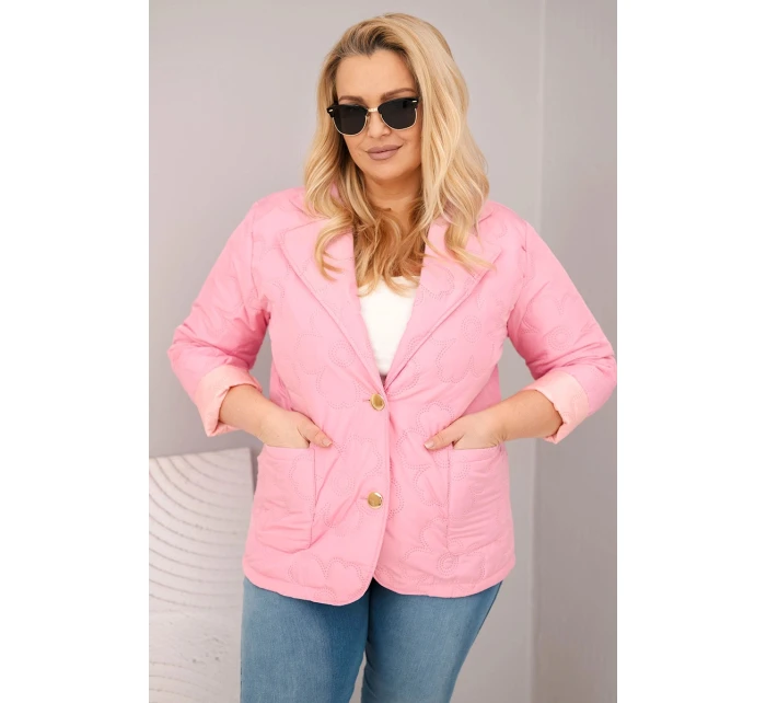 Dámske Plus veľkosť prešívaná kvetinová bunda s golierom a vreckami Bright Pink