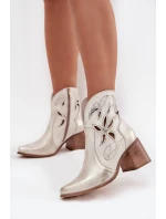 Botki Damskie Ażurowe Z Naturalnej Skóry Na Słupku Zazoo 3690 Złoty Przecierany