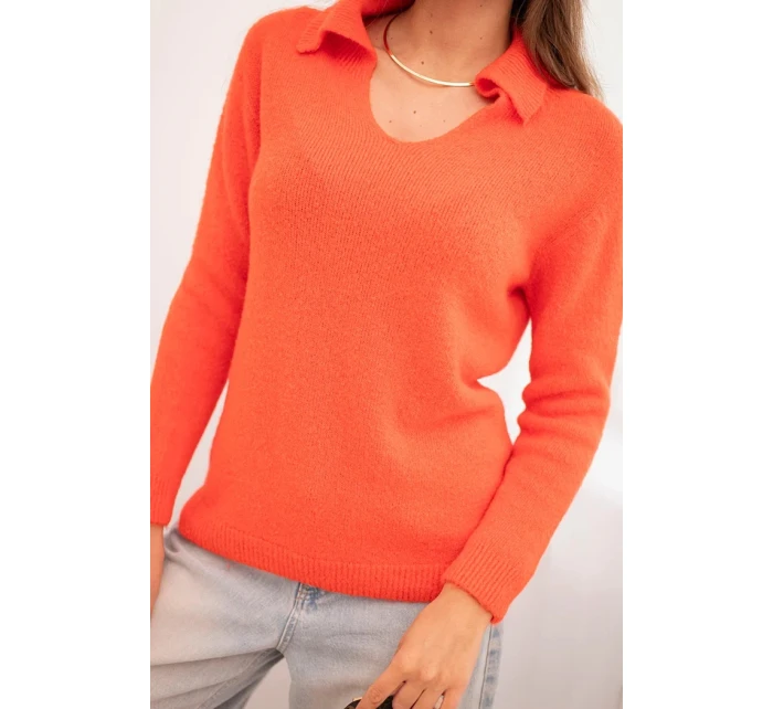 Dámský svetr z baby alpaky s límcem a výstřihem do V oranžový