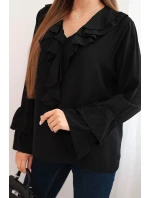 Dámská blůza z viskózy s volány a dlouhým rukávem černá