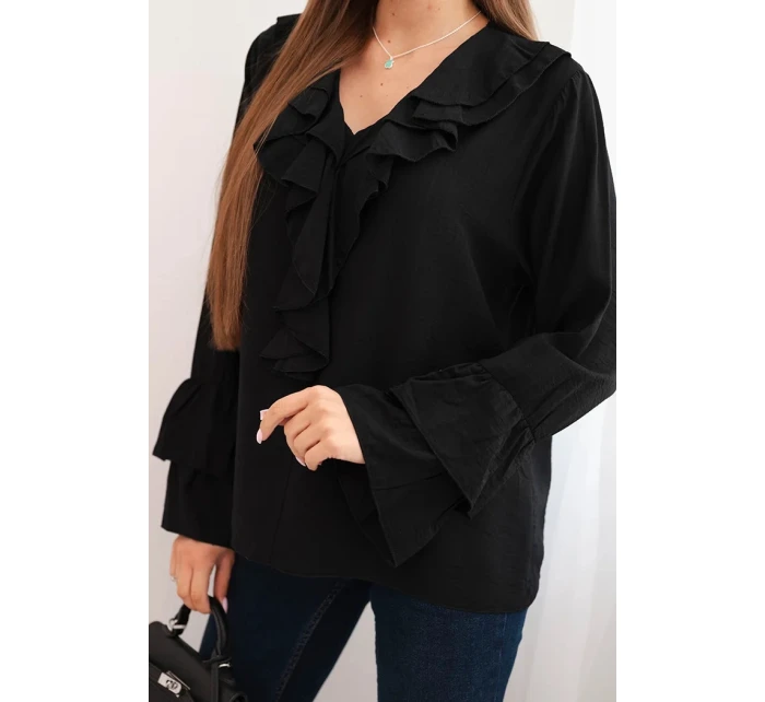 Dámská blůza z viskózy s volány a dlouhým rukávem černá
