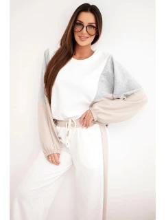 Dámsky maslový set s voľnou mikinou a širokými nohavicami béžovej farby