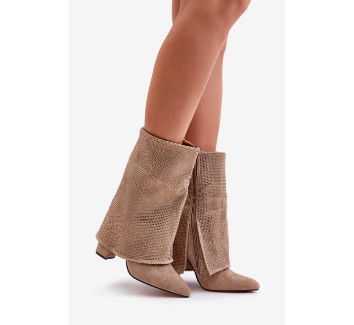 Zdobione Błyszczące Botki Z Wywiniętą Cholewką Na Słupku Ocieplane Beżowe Xistaria