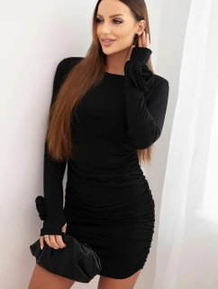 Dámske šaty z viskózy s volánom a kvetmi na rukávoch čierne