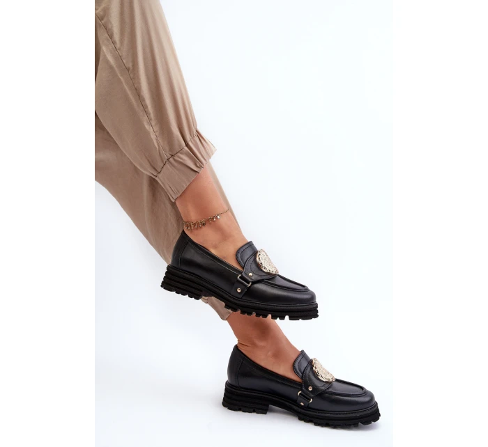 Zazoo 3485 Mokasyny Damskie Ze Złotą Ozdobą Skóra Naturalna