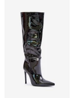 Kozaki Lakierowane Ocieplane Na Szpilce Z Klamrą Czarne Tameliae