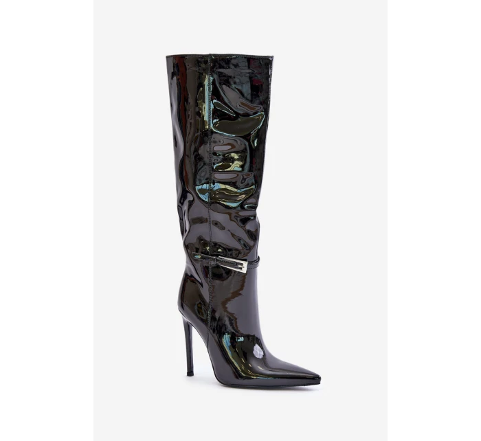 Kozaki Lakierowane Ocieplane Na Szpilce Z Klamrą Czarne Tameliae