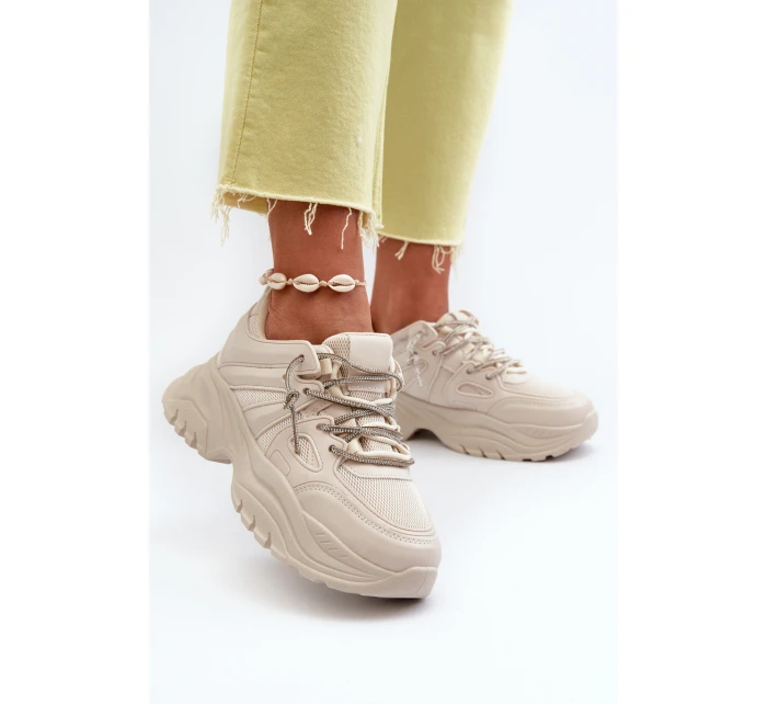 Sneakersy Damskie Na Masywnej Podeszwie Z Ozdobnym Sznurowaniem Beżowe Relissa Sneakersy Damskie Na Masywnej Podeszwie Z Ozdobnym Sznurowaniem Beżowe Relissa