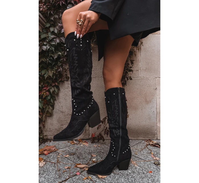 Damskie Kozaki Kowbojki Ze Zdobieniem Na Słupku Czarne Darella Damskie Kozaki Kowbojki Ze Zdobieniem Na Słupku Czarne Darella