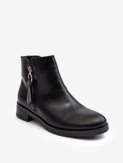 Skórzane Damskie Botki Płaskie Czarne Vasica