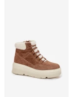 Zamszowe Śniegowce Damskie Z Kożuszkiem Na Platformie Vinceza 95354 Camel