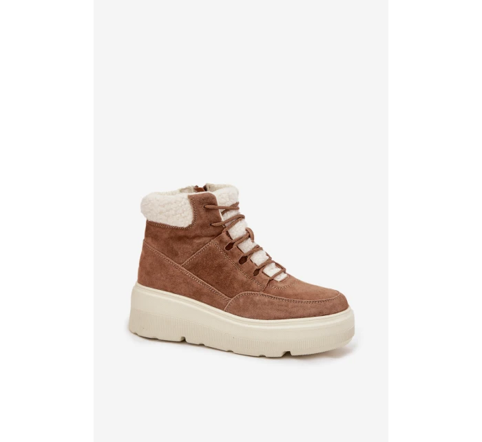 Zamszowe Śniegowce Damskie Z Kożuszkiem Na Platformie Vinceza 95354 Camel