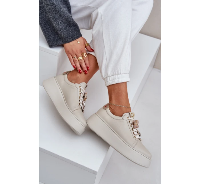 Damskie Skórzane Sneakersy Na Platformie Z Ozdobami CheBello 4292 Jasnobeżowe
