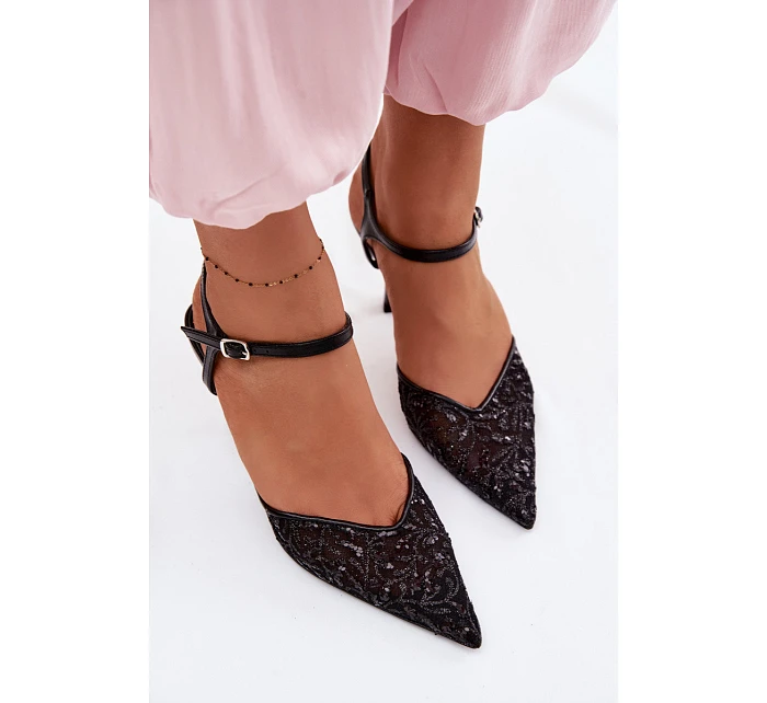 Dámské síťované sandály na podpatku s lesklým zdobením Černé Laria