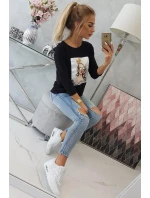 Blúzka s grafikou dievčatá v 3D okuliaroch čierna