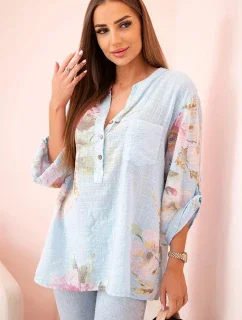 Dámska bavlnená blúzka s kvetinovým vzorom a gombíkmi modrá