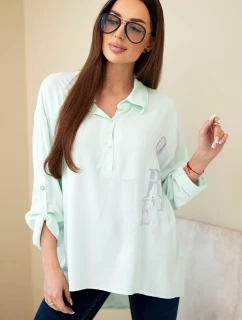 Dámska viskózna blúzka s golierom a zirkónovou potlačou mätová